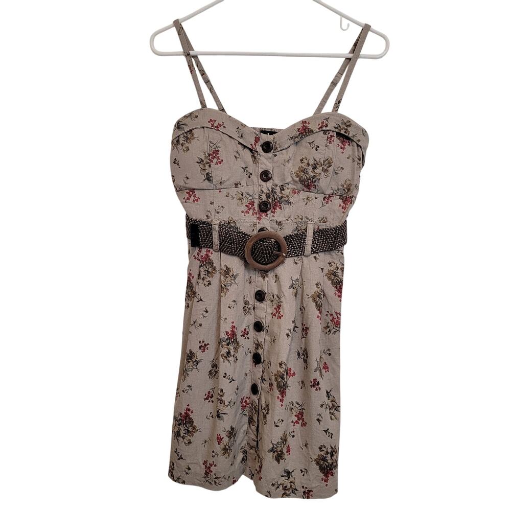 Deb Floral Mini Dress Juniors L Belted Smocked Back Built in Bra Cottage Y2K